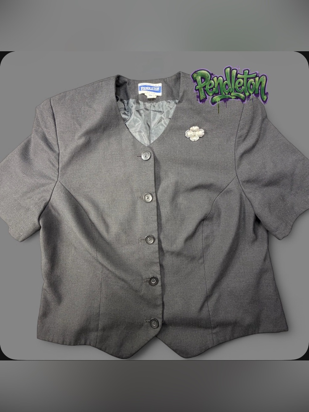 Pendleton Plus Vest 14W Black 20x21 Button Lined w/ Brooch Short Sleeve